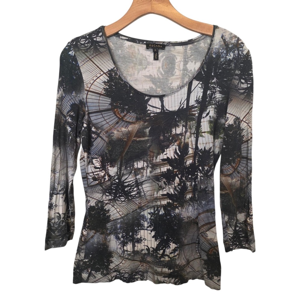 Escada Top Scenery Print Sz S Black Multicolor Stretch Trees Forest Aviary